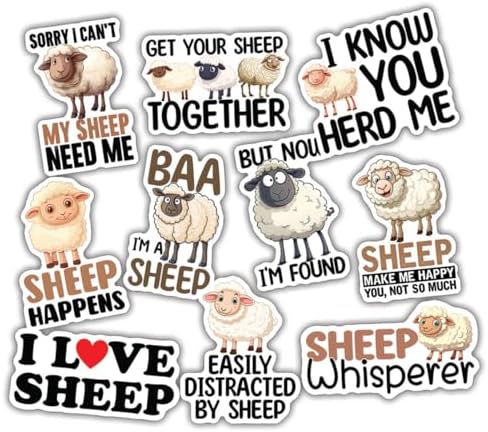 (10pcs) Sheep Stickers Sheep Lover Decals Cute Sheep Lover Farm Stickers Farmer Farm Animal Funny Gifts Multiple Different Design, Waterproof, UV- Resistant, Suitable for Tumbler, Laptop, Car, Truck