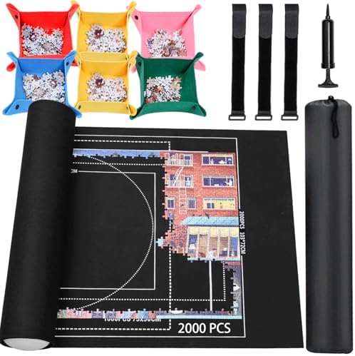 Jigsaw Puzzle Mat Roll Up - 2000 1500 1000 500 Pcs Puzzles Mats, Black Smooth Top & Non-Slip Felt Bottom Roll-Up Puzzle Matte for Sorting Table, Board, Frame, Storage+ 6 Save Trays. for Adults