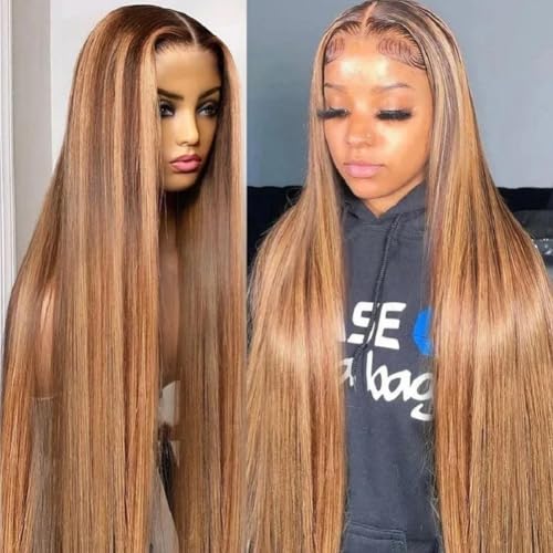 32 Inch Highlight Ombre 13x4 Lace Front Wigs Human Hair Pre Plucked 180% Density Straight HD Lace Frontal Wigs for Women Glueless 4/27 Honey Blonde Lace Front Human Hair Wig with Baby Hair