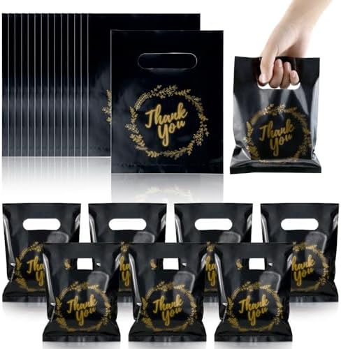 BadenBach 200 Pack Small Thank You Bags, 8" x 6", Black Plastic Small Shopping Bags Cute Bulk Retail Small Thank You Gift Bags for Small Business Boutique Wedding Birthday Valentine's Day