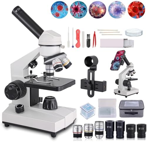 Powerful Biological Microscope for School Labs Homeschooling 40x-2000x Magnification Coaxial Coarse and Fine Adjustment, Cell Phone Adapter, LED Illumination, for Children Students Adults