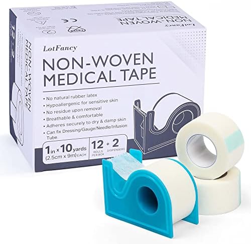 LotFancy Medical Tape,12Rolls 1inch x 10Yards, Surgical Paper Tapes, Wound First Aid Tape, 2 Dispensers Included