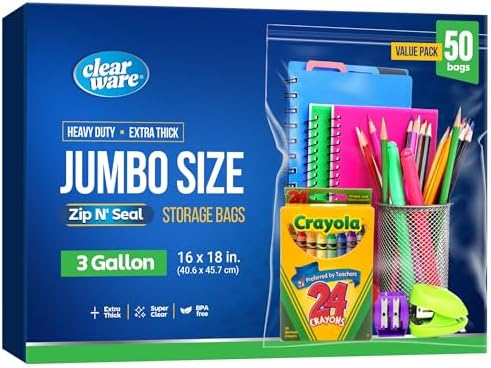 50 Large Plastic Bags With Zipper Top - 3 Gallon Bags 16" x 18", Extra Large Storage Bags for Clothes, Travel, Moving, Large Reusable freezer bags, BPA-Free, 2-mil Thick Clear Plastic Bags