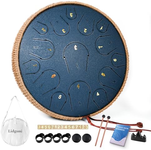 Steel Tongue Drum - 14 Inch 15 Note Tongue Drum - Hand Pan Drum with Music Book, Handpan Drum Mallets and Carry Bag, C Major, Navy Blue