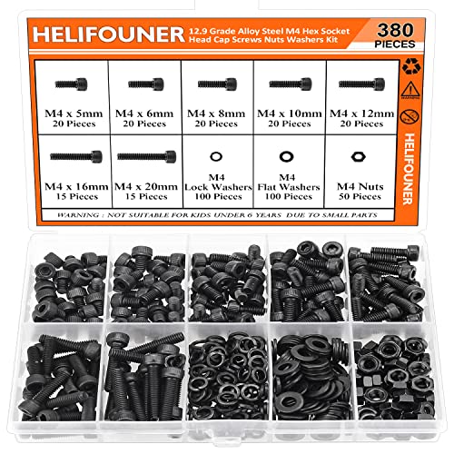 380 Pieces M4 x 5mm /6mm /8mm /10mm /12mm /16mm /20mm, Hex Socket Head Cap Screws Bolts Washers Nuts Kit, 12.9 Grade Alloy Steel, Full Threaded, Black