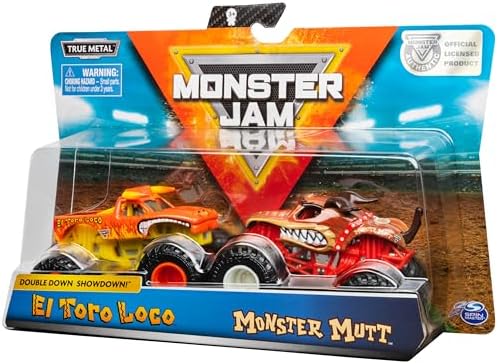 Monster Jam El Toro Loco vs Monster Mutt Monster Truck Duo Pack- True Metal 1:64 Scale Die-Cast Twin Showdown Pack- BKT Tires Work on All 1:64 Tracks- Authentic Collectible For Fans & Birthday Parties