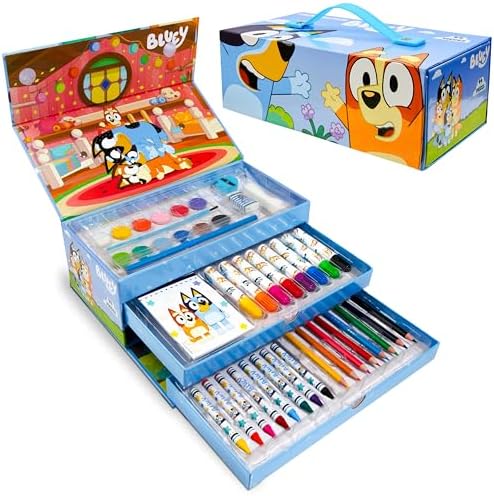 Bluey Kids Art Supplies Set, Painting Drawing Kit Crayons Coloring Pencils Colored Markers in Travel Art Case Fun Arts and Crafts (Blue 3 Tier)