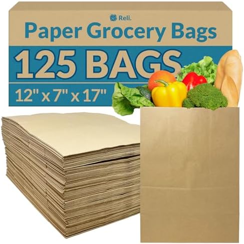 Reli. Paper Grocery Bags (125 Pcs Bulk) (12x7x17) 70 Lbs Basis, Extra Heavy Duty | Brown Paper Bag, Large Grocery Kraft Sacks -Takeout, Restaurant, Retail, Shopping