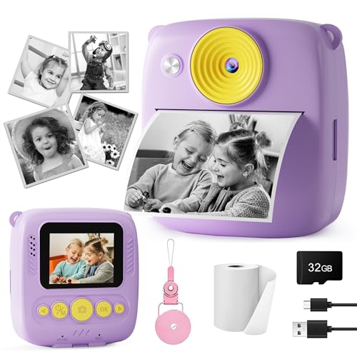 Kids Camera Instant Print - 1080P HD Instant Print Photo Digital Cameras for Kids - Christmas Birthday Gifts for Age 6 7 8 9 10 11 12 Year Old Girls, Portable Toys Camera with Photo Paper, 32GB Card