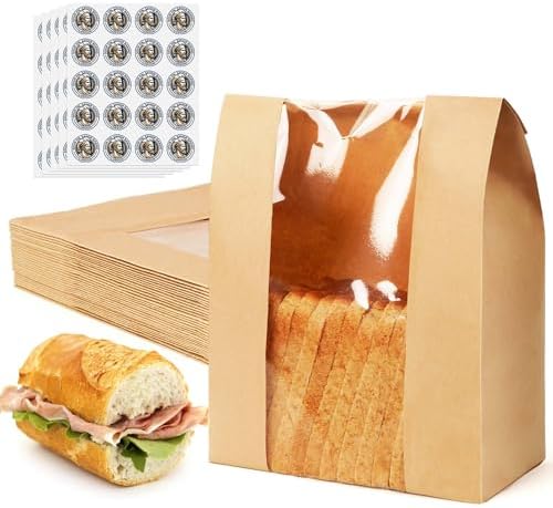 30-Pack Paper Bread Bags for Sourdough, Large Bread Bags for Homemade Bread Gift Giving, with 100 Sealing Stickers, Paper Bakery Bag with Clear Window for Baked Food Packaging Storage