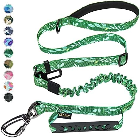 Hotsky Tactical Dog Leash Heavy Duty for Medium Large Dogs That Pull,4-6Ft Strong Bungee Shock Absorbing No Pull Dog Leash with Padded Double Handle and Car Seatbelt,Leaves