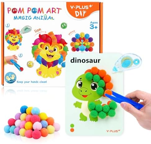 YPLUS Pompoms Art Crafts Kits, Toddler DIY Sensory Activities for Kids Ages 1-3 2-4 3-5, Finger Motor Art Supplies - Theme Animals Stocking Stuffers for Kids Toddler