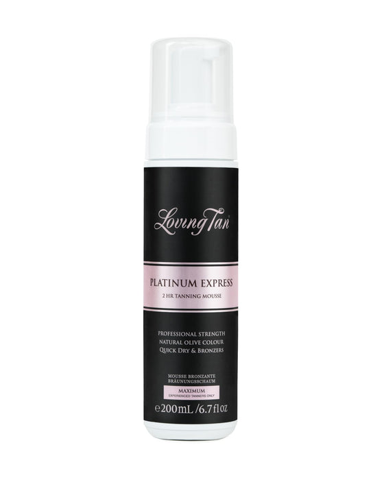 Loving Tan Platinum 2 HR Express Mousse, Darkest Shade Yet - Streak Free, Professional Strength Sunless Tanner - 10+ Self Tan Applications per Bottle, Cruelty Free, Naturally Derived DHA, 6.7 Fl Oz