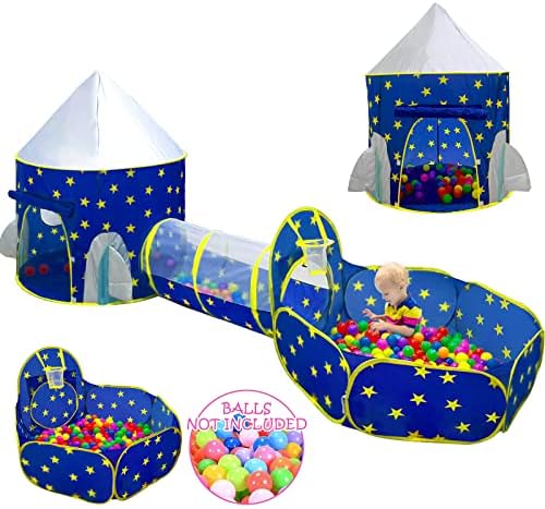 PigPigPen 3pc Kids Play Tent for Boys with Ball Pit, Crawl Tunnel, Princess Tents for Toddlers, Baby Space World Playhouse Toys, Boys Indoor& Outdoor Play House, Perfect Kid’s Gifts