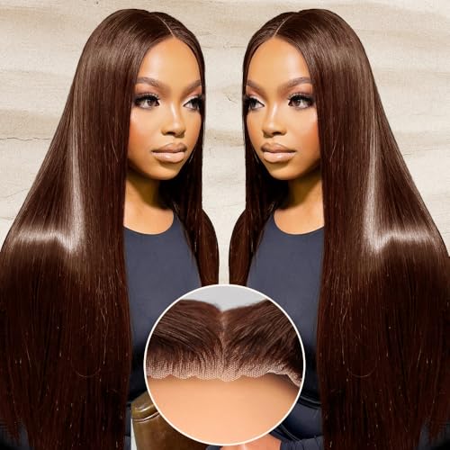 LZGYE Chocolate Brown Lace Front Wig 7x5 Brown Straight Wig Human Hair Brown Glueless Wigs Human Hair Pre Plucked #4 Dark Brown Lace Closure Wigs Bye Bye Knots 220 Density For Women 24inch