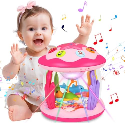 Baby Toys 6-12 Months Girl Gifts: Babies Ocean Rotating Light Up Musical Toys for Toddlers 1 2 Year Old Crawling Learning Infant Toys 6 7 8 9 10 11 12 Months Old Baby Girl Gift (Pink)