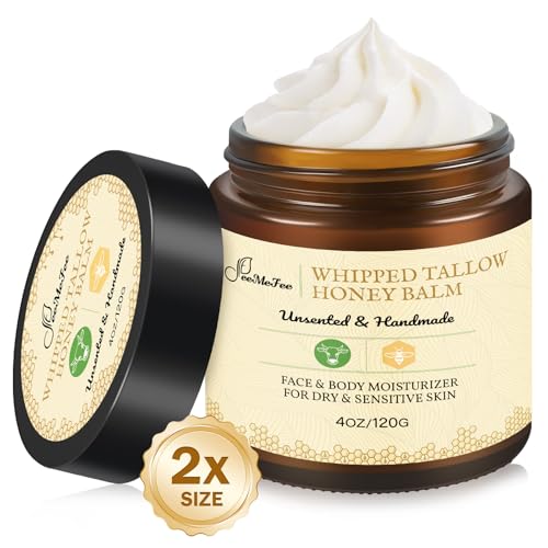 Beef Tallow for Skin 4oz | Tallow And Manuka Honey Balm | Unscented Tallow Face Moisturizer | Beef Tallow for Face | Organic Grass Fed Beef Tallow Balm | Whipped Beef Tallow Lotion Face Cream