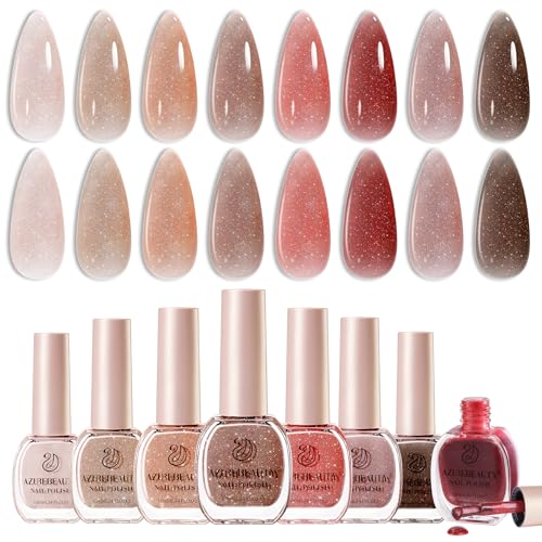 AZUREBEAUTY 8 Colors Nude Red Brown Winter Shades Shimmery Nail Polish Set, Quick-Dry Vegan, Perfect for Women Manicure Nail Art DIY Salon 10ml