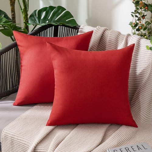 MIULEE Pack of 2 Decorative Christmas Outdoor Solid Waterproof Throw Pillow Covers Linen Garden Farmhouse Cushion Cases for Patio Tent Balcony Couch Sofa 18x18 inch Red