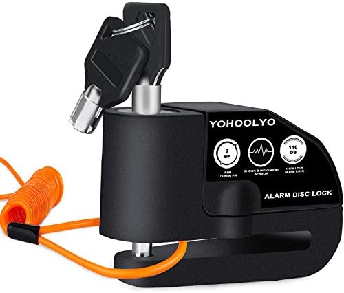 YOHOOLYO Alarm Disc Lock Motorcycle Disc Brake Lock Anti-Theft Waterproof 110 dB 7mm Pin 5ft Reminder Cable for Motorcycles Bike Scooter Carry Pouch (Black)