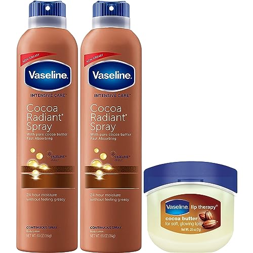 Vaseline Cocoa Radiant Lotion Set + Mini Vaseline Lip Therapy, Cocoa Butter Lotion Spray Moisturizer, Vaseline Intensive Care Lotion, Vaseline Lip Balm (3 Piece Set)