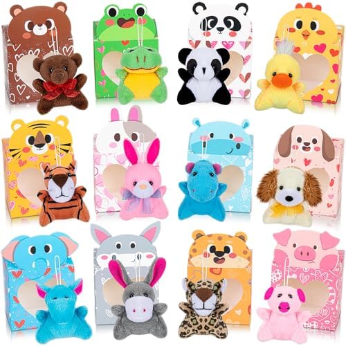 Sofier Valentines Day Gifts for Kids Classroom 24 Pack Valentines Card Boxes with Heart Window Mini Animal Toys Keychains Bulk for Boys Girls Classroom Exchange Party Favor School Teacher Student