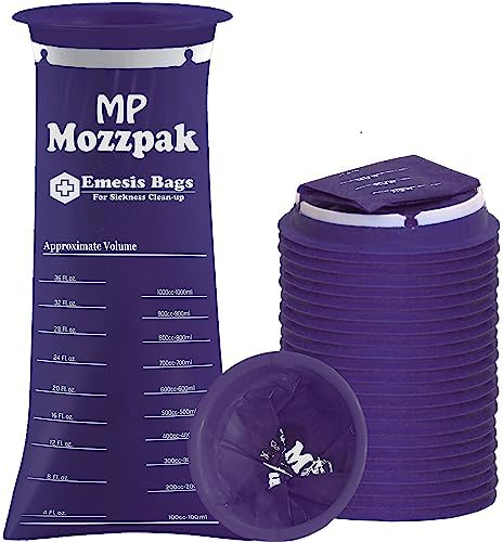 MP MOZZPAK Vomit Bags – 24 Pack – 1000ml Emesis Bags – Leak Resistant, Medical Grade, Portable, Disposable Barf, Puke, Throw Up, Nausea Bags for Travel Motion Sickness, Car & Aircraft, Kids, Taxi