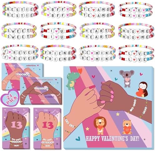 Valentines Day Cards for Kids School - 24 Pack Taylor Friendship Valentines Cards for Kids, Valentines Bracelets, Valentines Day Gifts for Girls, School Classroom Valentines Day Exchange Gift