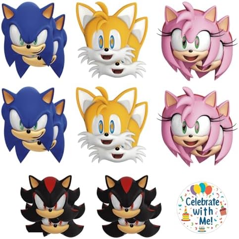 Unique Sonic the Hedgehog Party Masks 16 Assorted Paper Masks with Celebrate With Me Sticker | Sonic Birthday Party Supplies for Kids