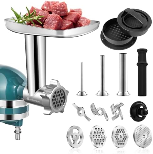 Meat Grinder Attachment for KitchenAid Stand Mixer,AAOBOSI Food Grinder Attachments Include 2 Grinding Blades,4 Plates,3 Sausage Stuffer Tubes & A Holder & Kubbe Kit, Burger Press, Cleaning Brush