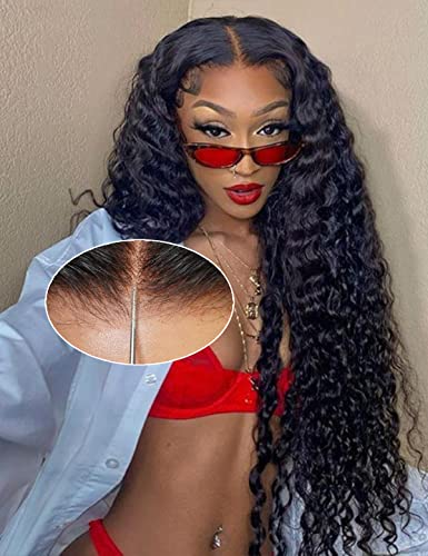 28 Inch Glueless Wigs Human Hair Pre bleached Knots Wear and Go Deep Wave 7X5 No Glue HD Lace Wig, Glueless Wig Pre Plucked, 15 Seconds Wear Complete Lace Pre Cut Wig Natural black 200% Density