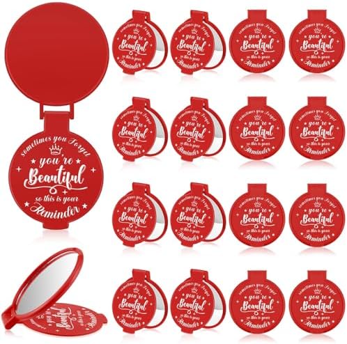 18 Pcs 2.76 Inch Inspirational Compact Mirror Bulk Round Makeup Glass Mirror Personal Purse Pocket Mini Gifts for Women Galentines Coworker Teacher Graduation Friends (Red)