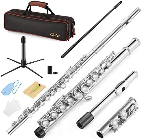 Eastar C Flutes Closed Hole 16 Keys Flute for Beginner Kids Student Flute Instrument with Cleaning Kit, Stand, Carrying Case, Gloves, Tuning Rod, Nickel, EFL-1