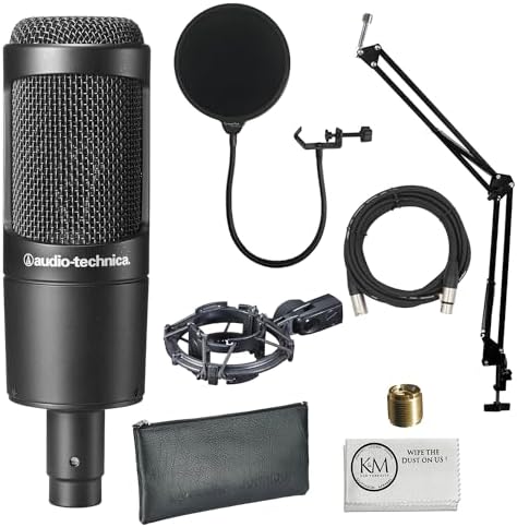 Audio-Technica AT2035 Cardioid Condenser Microphone Bundled with 20ft XLR Cable + Pop Filter + Microphone Arm (4 Items)