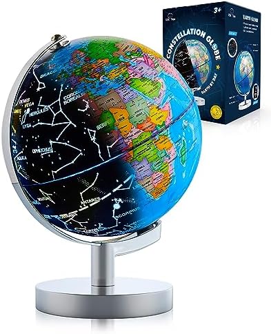 USA Toyz Illuminated Globe for Kids Learning- 3-in-1 STEM Globes of the World with Stand, Constellation Map, Built-in LED Night Light Desk Globe Lamp, Non-Tip Metal Base, 9.75” Tall, 7 Inch Diameter