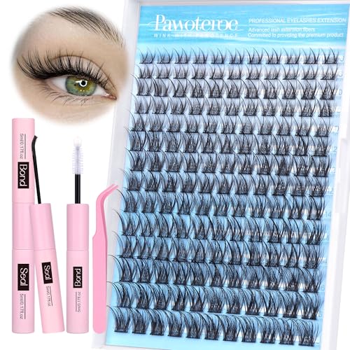 Pawotence Lash Clusters Kit Wispy Lash Extension Kit 8-16mm Natural Cluster Eyelash Extension Kit Individual Lashes 154pcs C Curled Eyelash Clusters with Lash Bond and Seal, Lash Tweezers for Self Use