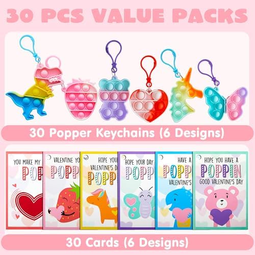 JOYIN 30 Packs Cards with Pop Fidget Keychain Toys, Stress Anxiety Relief Fidget Toys with Cards for Kids Classroom Exchange Prizes, Party Favors