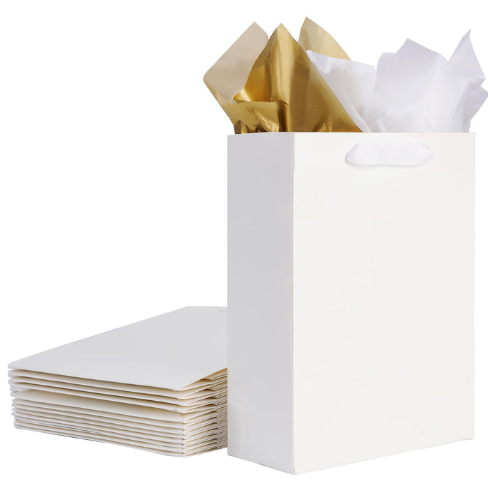 12 Pack White Gift Bags with Handles, Gift Bags Medium Size with Tissue Paper, White Paper Bags for Shopping, Small Business, Bridal Party, Wedding, Christmas and Holiday (10.6” x3.5” x8.3”)