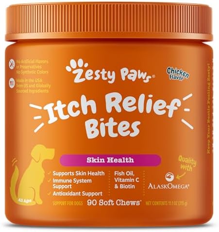 Zesty Paws Itch Relief for Dogs - for Itching Skin & Coat Health - Omega-3 Fish Oil with EPA & DHA - Dog Bites Supplement with Vitamin C & E for Antioxidant Support - Chicken Flavor - 90 Count