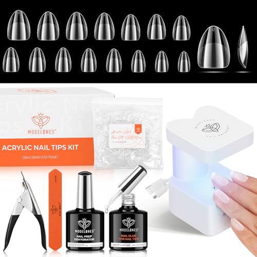 modelones Gel X Nail Kit, Upgrade 15Sizes Extra Short Almond Gel x Nail Tips, Nail Glue Nail Prep Dehydrate & Portable Led Lamp, 510Pcs Press On Fake Nails Tip Nail Extension Gift for Women