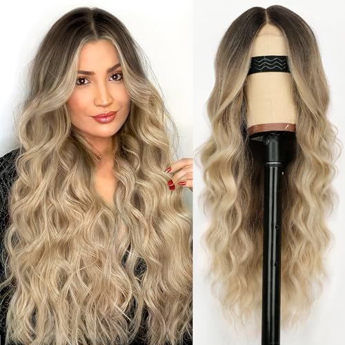 Nnzes Long Blonde Wavy Wig for Women Middle Part Curly Wigs Natural Looking Ombre Blonde Synthetic Heat Resistant Fiber Women Wigs for Daily Party Use