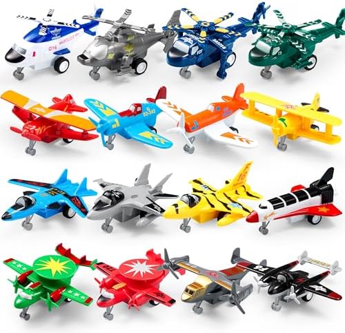 JOYIN 16 Pcs Pull Back Airplane Toys, Boys Plane Playset, Aircraft Incl Helicopter, Fighter, Bomber, Biplane Toy, Gifts for Toddler Kids 3+ Years Old, Kids Presents, Easter Basket Stuffers