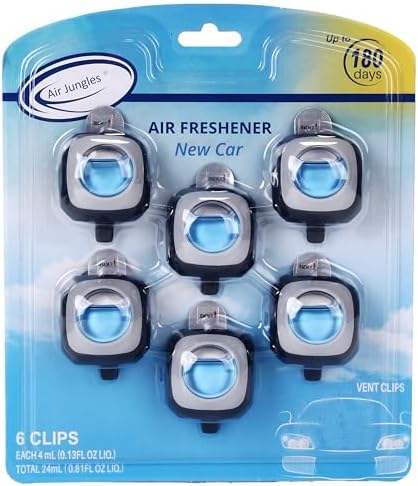 Air Jungles New Car Scent Car Air Freshener Clip, 6 Vent Clips, 4ml Each, Long Lasting Air Freshener, Up to 180 Days Odor Eliminator