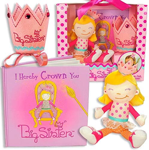 Tickle & Main 3 Pcs Big Sister Gifts for Little Girls, Includes I Hereby Crown You Big Sister Book, Soft Cloth Doll, and Child Size Crown, Ideal for Announcing a New Sibling, Educational and Engaging