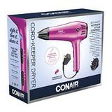 Conair Hair Dryer with Retractable Cord, 1875W Cord-Keeper Blow Dryer,Pink