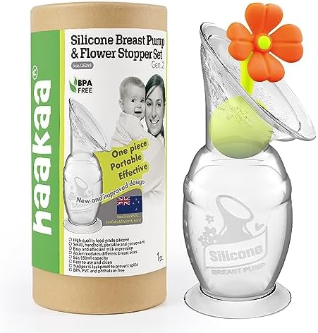 haakaa Manual Breast Pump Hand Pump Milk Pump Breast Milk Collector with Suction Base and Flower Stopper 100% Food Grade Silicone BPA Free (5oz/150ml) (Orange)