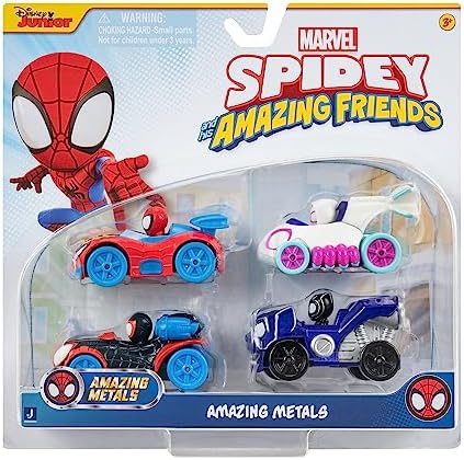 Marvel Spidey and Friends 4-Pack Die-Cast Vehicles - Includes Spidey, Ghost-Spider, Black Panther, Miles Morales - Superhero Toys for Kids 3+