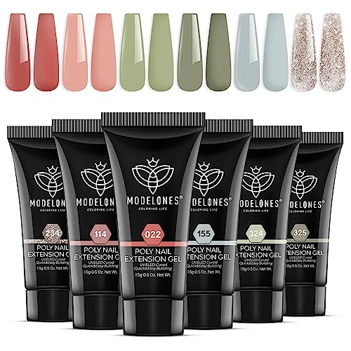 Modelones 6 Colors Poly Nail Gel Set Poly Nail Extension Gel Colors Tubes Kit Glitter Nude Coral Green Light Blue All Seasons Manicure Salon at Home