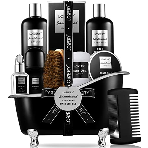 Valentines Beard Kit and Body Care Gifts for Men, Sandalwood Spa Gift Baskets, Mens Bath and Beard Grooming Kitf or Him, Unique Birthday Gifts for Him with Beard Balm, Growth Oil, Deodorant and More