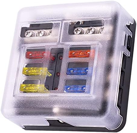 6 Way Fuse Block,12V Blade Fuse 6 Circuit ATC/ATO Waterproof Fuse Box Holder with LED Indicator Waterpoof Cover for 12V/24V Automotive Truck Boat Marine RV Van Vehicle
